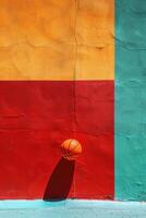 Orange basketball casting a shadow against a vibrant, multicolored wall mural. photo