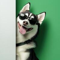 Playful husky wearing sunglasses peeks around a corner with a big smile against a vibrant green background. photo