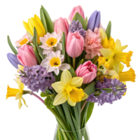 Bright spring flowers, including tulips, daffodils, and hyacinths in a vase. Concept of spring beauty png