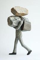 Stone sculpture of a person carrying heavy rocks and a briefcase, symbolizing burden and responsibility. photo