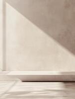 Minimalist interior with sunlight casting geometric shadows on a beige wall. photo