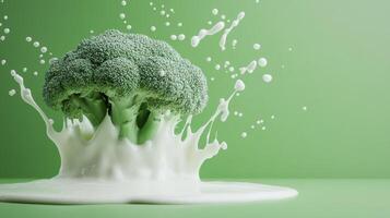 Fresh broccoli mid-splash in creamy milk against a vibrant green backdrop. photo