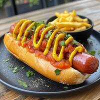 Delicious hot dog with mustard and fries on a black plate in a casual dining setting. photo