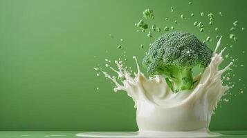 Broccoli crown splashing into fresh milk against a green background. photo