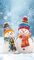 Two cheerful snowmen in colorful scarves and hats enjoying a snowy winter day. photo