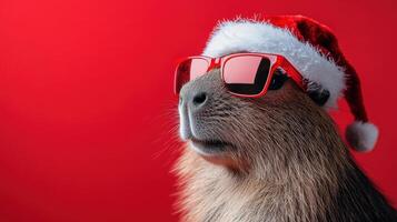 Capybara wearing a Santa hat and sunglasses against a vibrant red background. photo