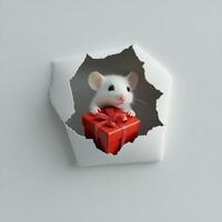 Adorable white mouse peeks through torn paper holding a red gift box, evoking a sense of surprise and whimsy. photo