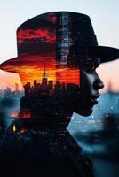Silhouette of a man against a cityscape at sunset, blending urban energy with serene colors. photo