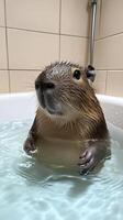 A cute capybara enjoys a relaxing bath in a white tub, surrounded by creamy tiles. photo