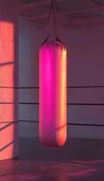 A punching bag bathed in soft pink and orange light in an empty training room. photo