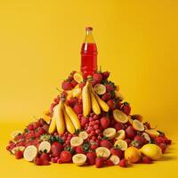 Colorful fruit pyramid featuring bananas, lemons, and berries with a red bottle against a vibrant yellow background. photo