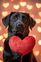 Black Labrador holding a red heart-shaped plush with romantic heart bokeh background. photo