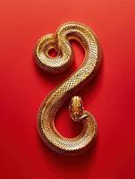 Golden snake on a vibrant red background showcasing its intricate scales. photo