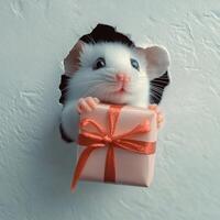 Adorable white mouse peeking through a hole with a small wrapped gift in its tiny paws. photo