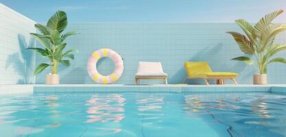 Inviting poolside scene with chairs and tropical plants under a clear blue sky. photo