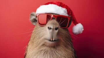 Cool capybara wearing a Santa hat and sunglasses on a vibrant red background, conveying a festive mood. photo