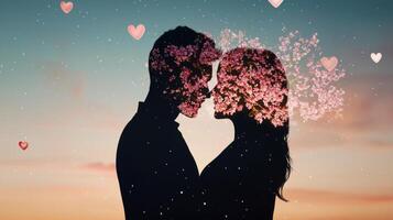 Silhouette of a romantic couple embracing with floral overlays at sunset. photo