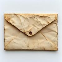 A vintage, weathered envelope sealed with a wax stamp on a plain background. photo