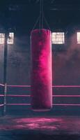 A vibrant pink punching bag in a dimly lit, gritty boxing gym setting. photo