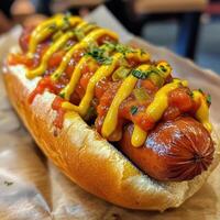 Delicious gourmet hot dog topped with mustard, relish, and fresh herbs on a soft bun. photo