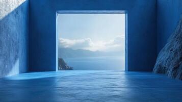 A serene view of the ocean framed by a blue architectural structure. photo