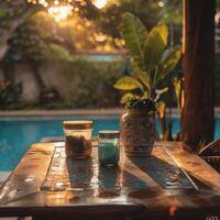 Serene morning view of sunlit jars and plant pot by the poolside patio table. photo