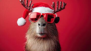 Capybara wearing a Santa hat and sunglasses, bringing holiday cheer on a red background. photo