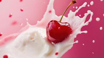 A ripe cherry splashing into creamy milk against a pink gradient background. photo