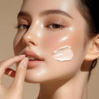 Close-up of a woman's glowing skin with moisturizer on her cheek. photo