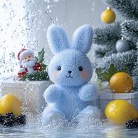 Adorable plush bunny amidst festive holiday decorations and splashing water. photo