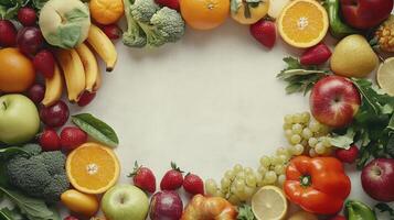 Vibrant assortment of fresh fruits and vegetables arranged in a circle on a light background. photo