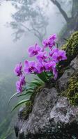 A cluster of vibrant purple orchids blooms on a mossy rock in a misty forest. photo