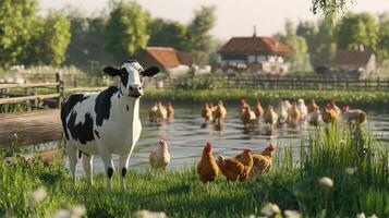Idyllic rural scene with a cow and chickens by a pond, set against a lush green background. photo