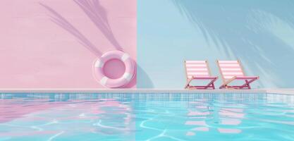 Pastel poolside scene with two striped deck chairs and a life ring under a sunny sky. photo