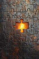 A missing puzzle piece reveals a warm light shining through, symbolizing discovery and completion. photo