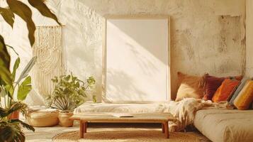 Cozy bohemian living room with a minimalist design and sunlit atmosphere. photo