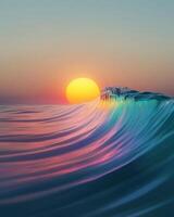 Vibrant sunset over gently rolling ocean waves, creating a serene and colorful seascape. photo