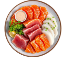 Delicious assorted raw fish sashimi platter with tuna, salmon, and scallops on transparent background png