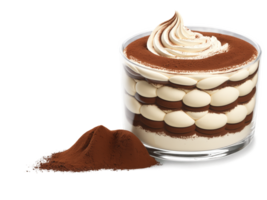 Tiramisu Lush layers of creamy mascarpone and espresso-soaked ladyfingers cascading in a swirl, dusted with cocoa powder and suspended in png