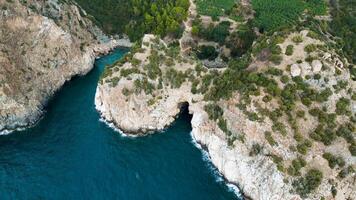 An aerial view of a cave in the ocean video