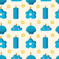 Scented candles seamless pattern. Playful colorful print with trendy candles in different shapes. Flat illustartion. vector