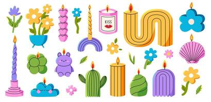 Various colorful Candles set. Different shapes and sizes. Decorative wax candles for relax and spa. Hand drawn trendy flat isolated on white. vector