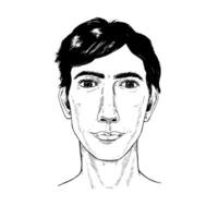 portrait of a young man with curly hair, thick eyebrows, and a serious expression. Hand drawn black and white sketch in a lifelike, realistic style with detailed line art vector