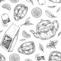 Seamless tea pattern featuring hand drawn cups, teapots, teabags, and leaves in black and white. Vintage line art design perfect for wrapping, packaging or textile prints. Elegant and editable vector