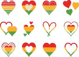 Heart drawing set in red, yellow, green. color for african american flag, juneteenth and black history month. vector