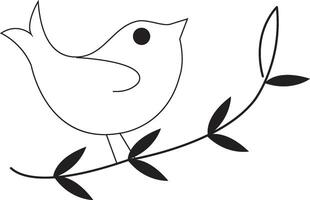 Black and White Line Drawing of a Bird on a Branch with Leaves vector