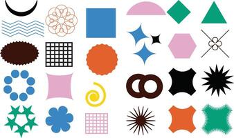 Collection of Geometric Shapes and Symbols in a Grid Design with Vibrant Colors vector