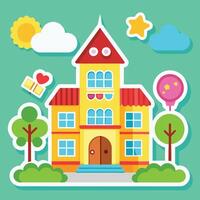 school building with balloons, stars and clouds vector