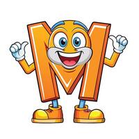 a cartoon orange letter m character holding up two fingers vector