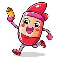 cartoon character of a red and white pencil running with a pencil vector